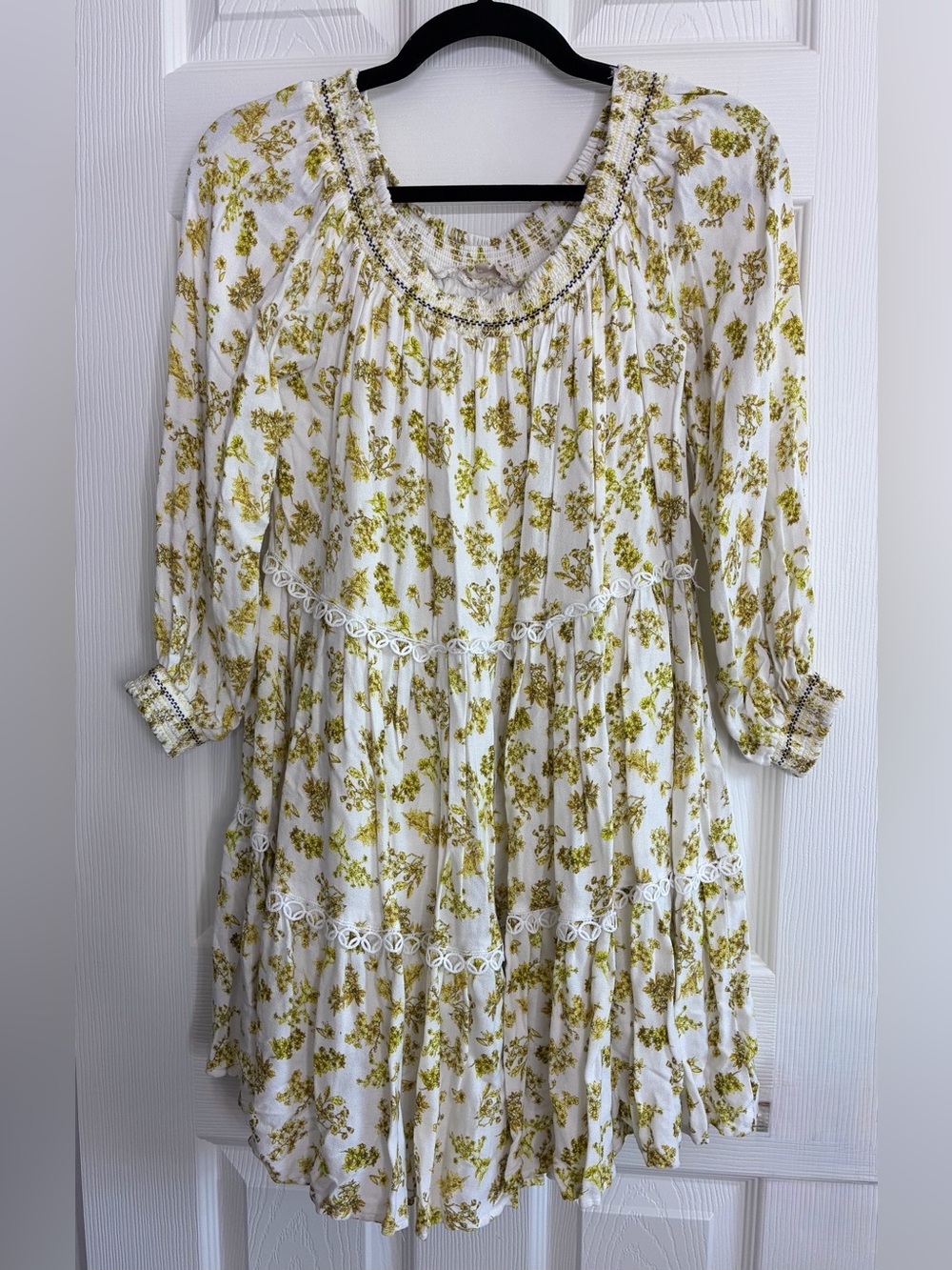 Chelsea & Violet White Dress with Olive Floral Print and Tiered Skirt